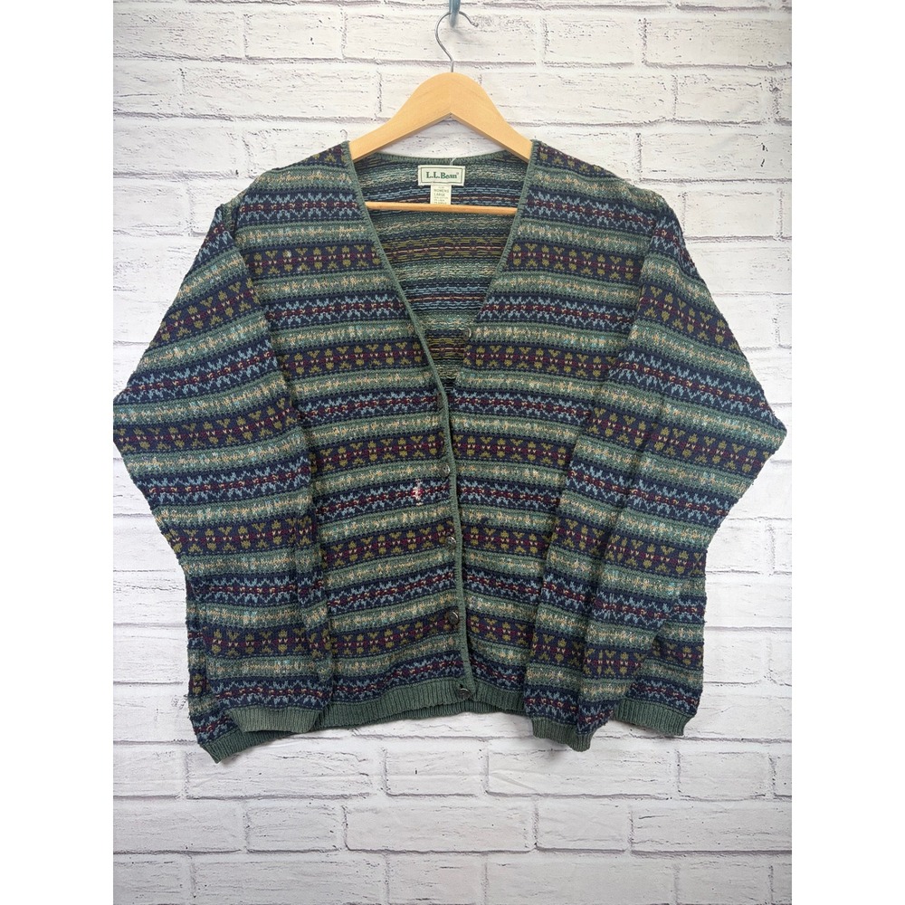 LL Bean Vintage Fair Isle Cardigan Sweater Women's Size Large Green Cotton Linen